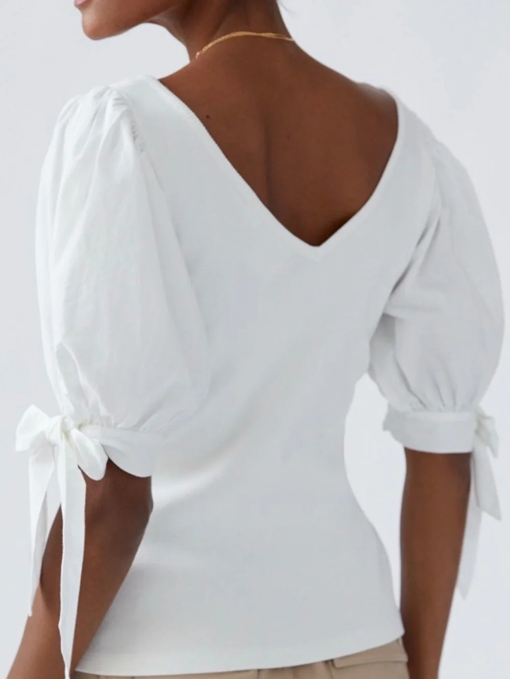 Anthropologie Maeve White Ribbed Cotton Knit V Neck Puff Sleeve Bow Top SZ S